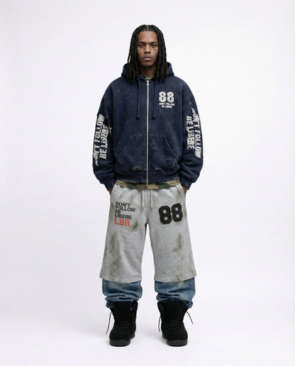 88 DISTRESSED ZIP HOODIE / NAVY