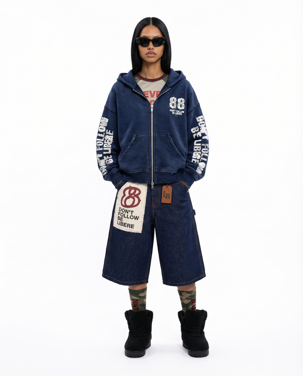 88 DISTRESSED ZIP HOODIE / NAVY