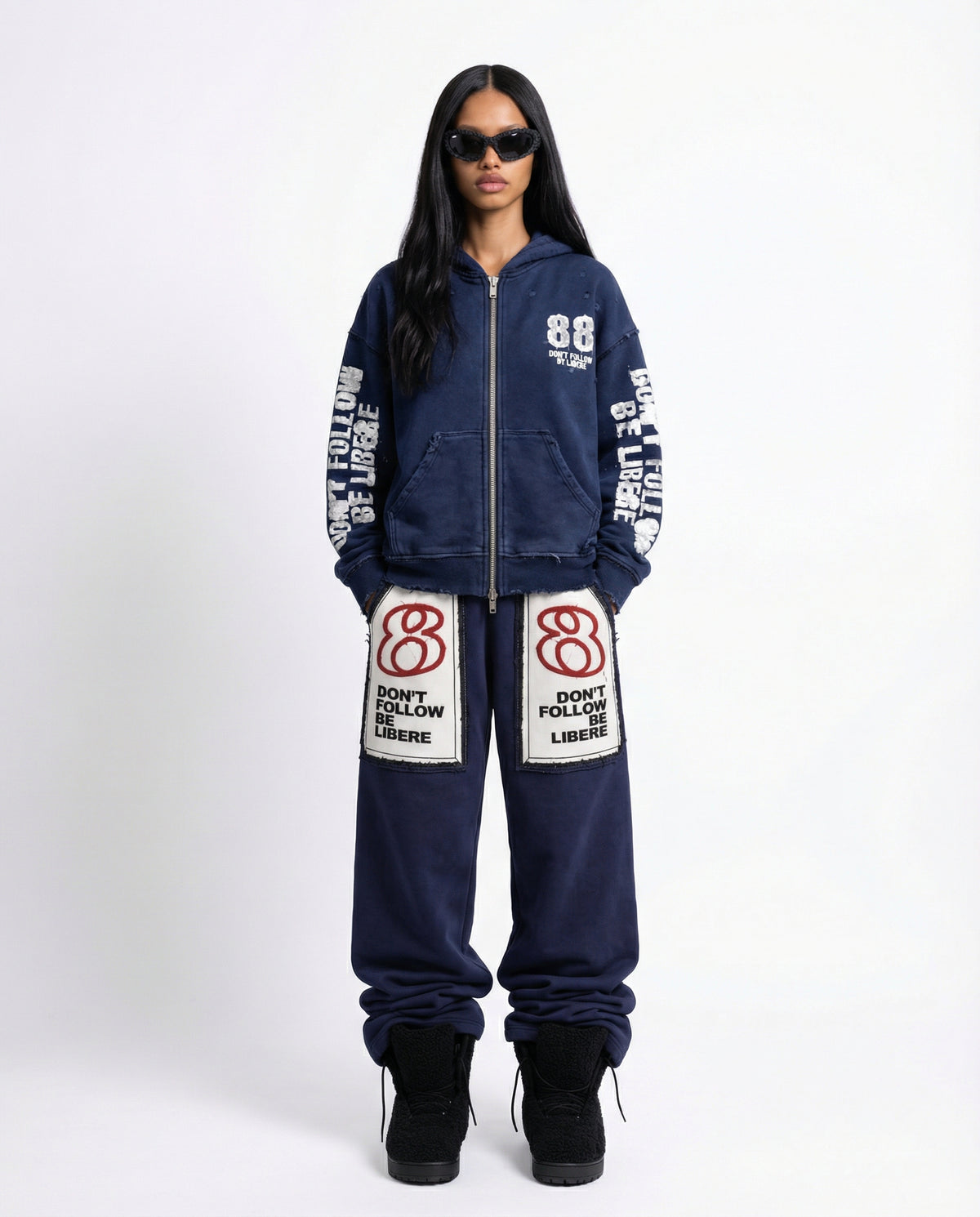 88 DISTRESSED ZIP HOODIE / NAVY