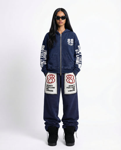 88 DISTRESSED ZIP HOODIE / NAVY