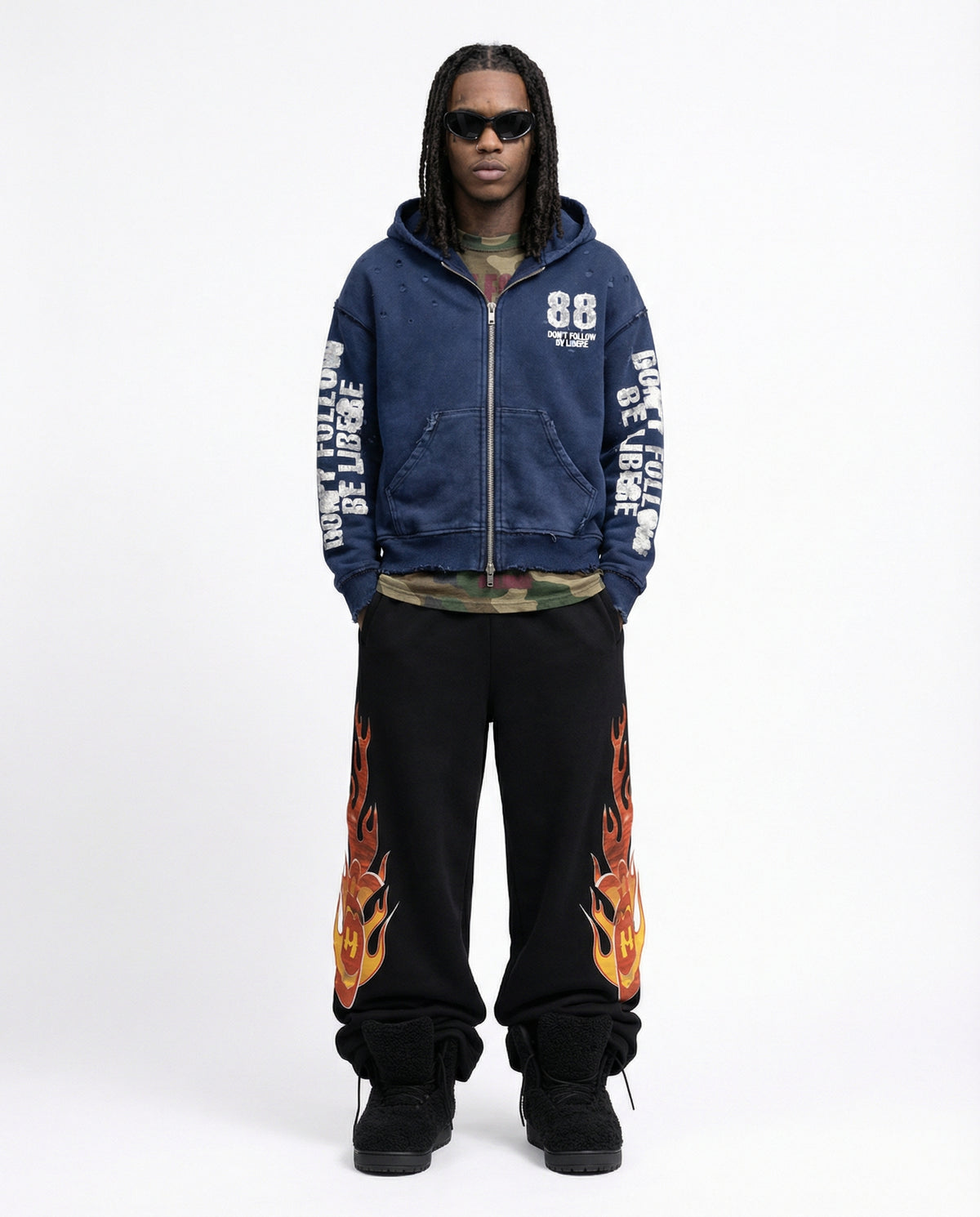 88 DISTRESSED ZIP HOODIE / NAVY