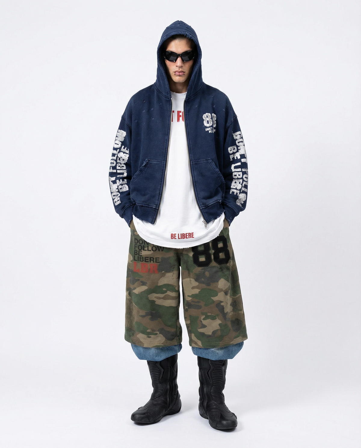 88 DISTRESSED ZIP HOODIE / NAVY