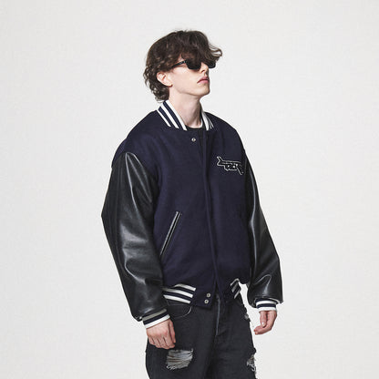 LEATHER SLEEVE STADIUM JACKET / NAVY
