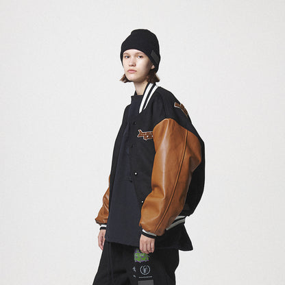 LEATHER SLEEVE STADIUM JACKET / BLACK
