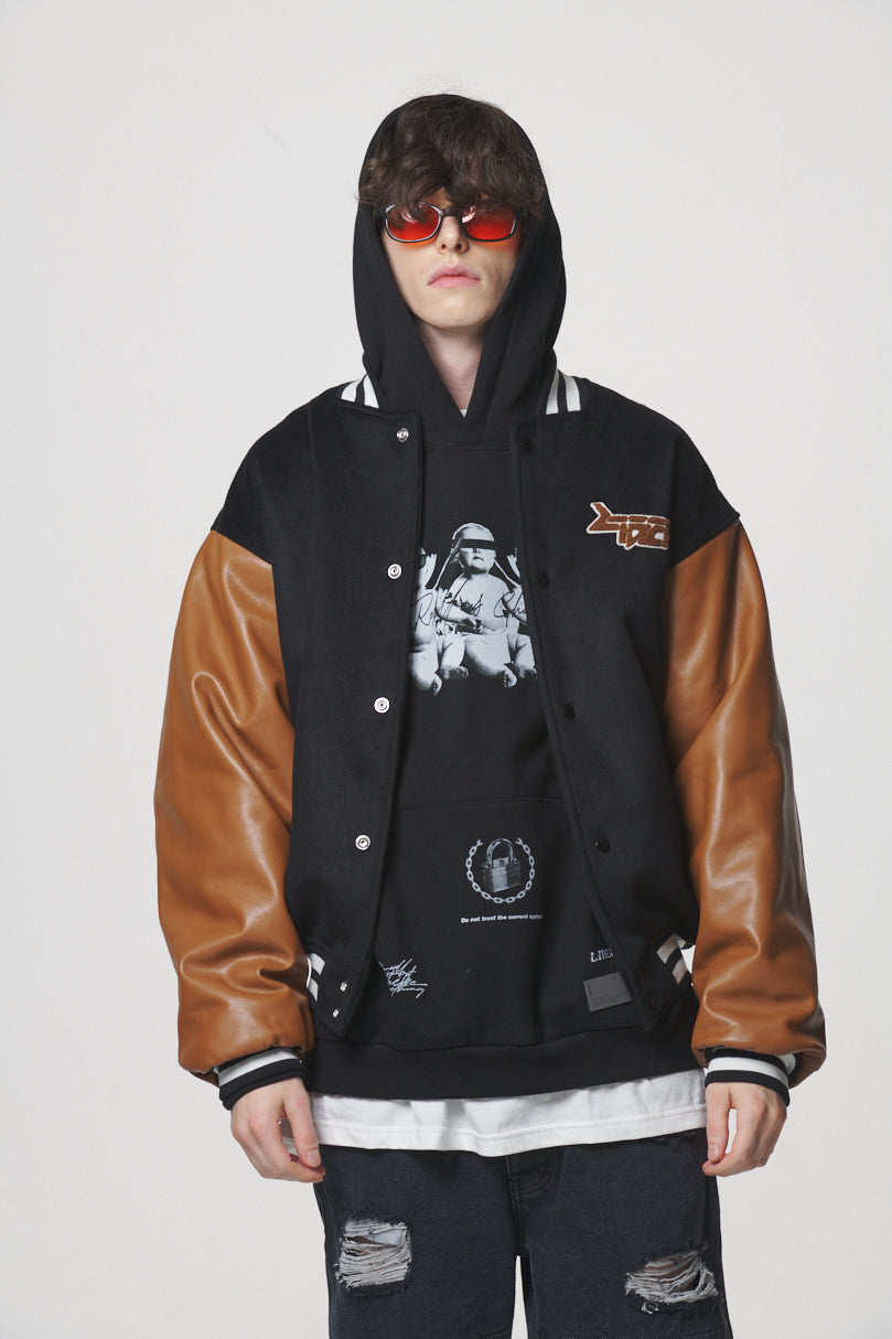LEATHER SLEEVE STADIUM JACKET / BLACK