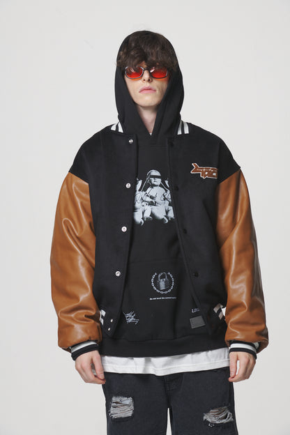 LEATHER SLEEVE STADIUM JACKET / BLACK