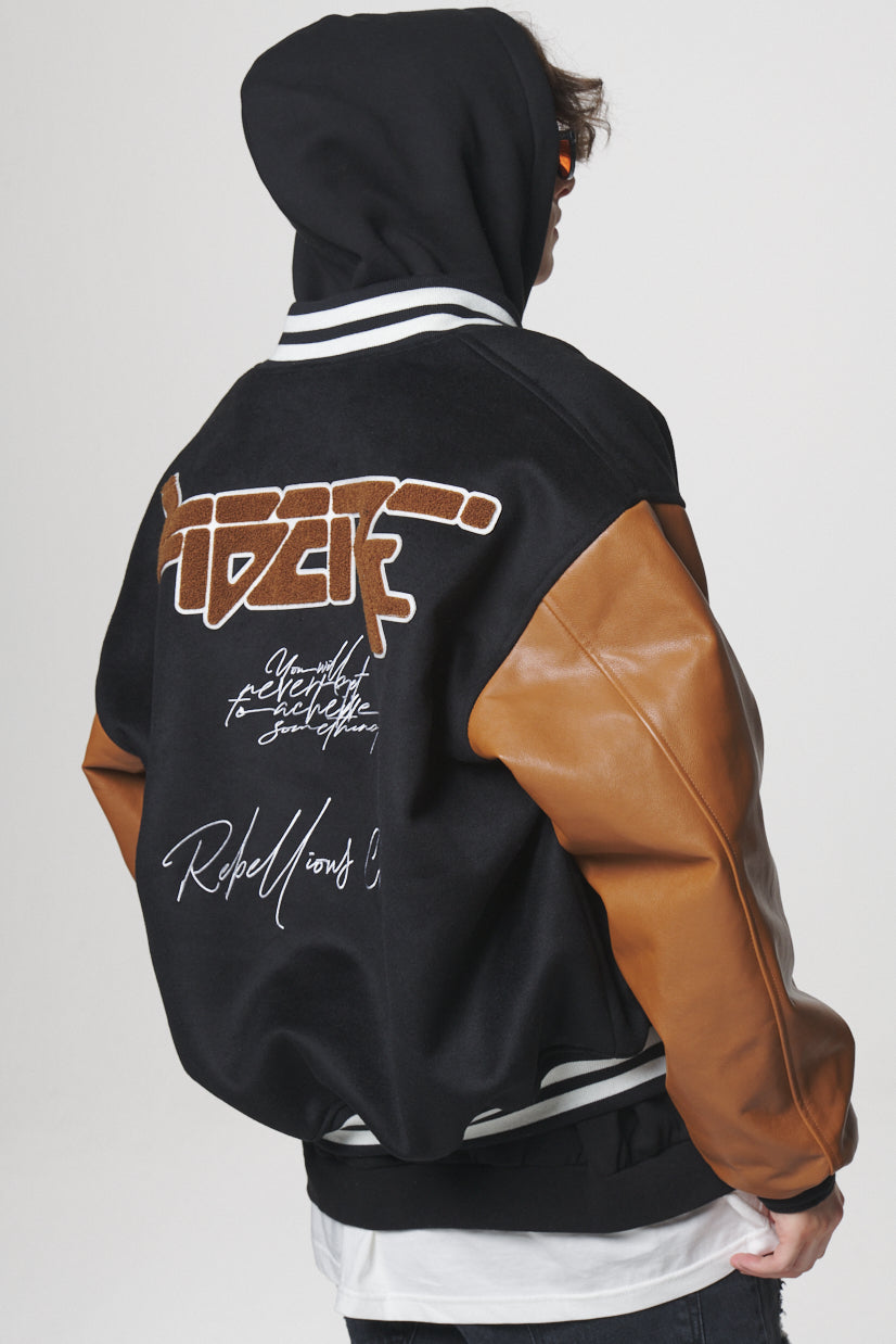 LEATHER SLEEVE STADIUM JACKET / BLACK