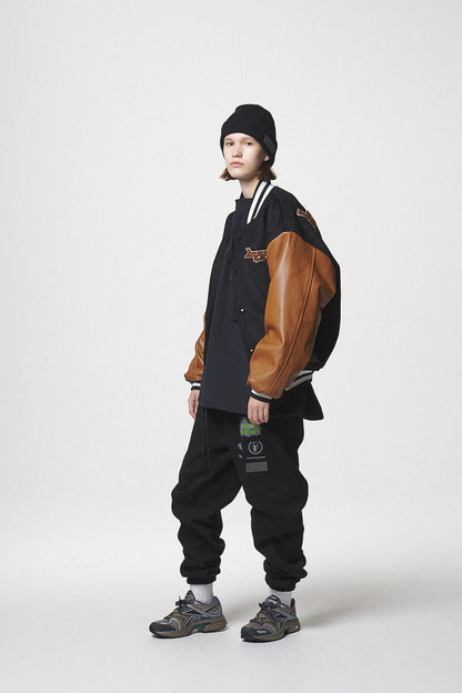 LEATHER SLEEVE STADIUM JACKET / BLACK