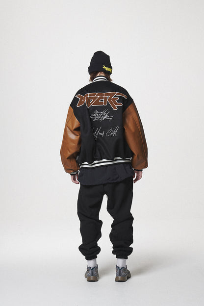 LEATHER SLEEVE STADIUM JACKET / BLACK