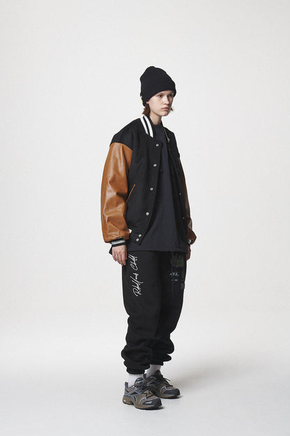 LEATHER SLEEVE STADIUM JACKET / BLACK