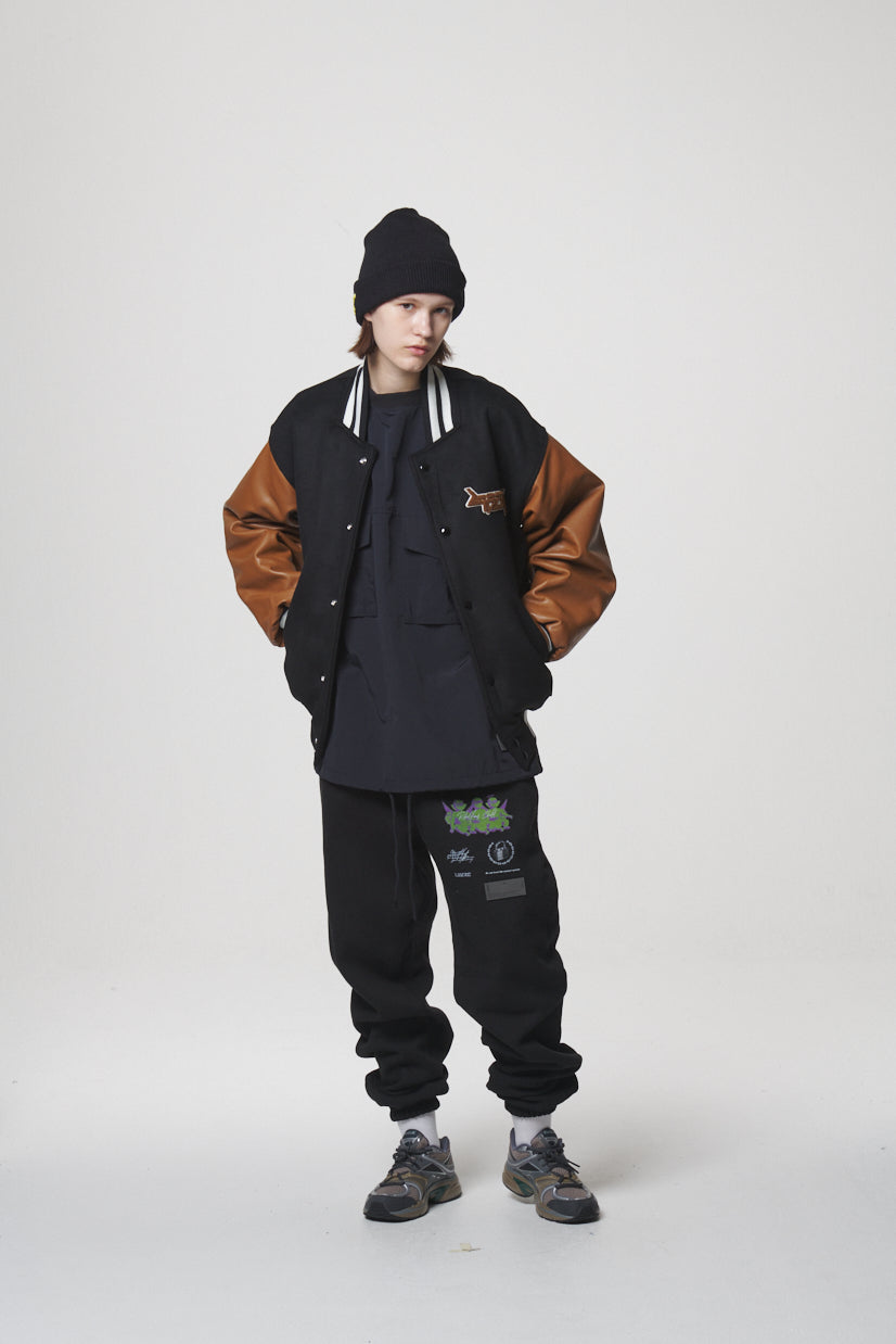LEATHER SLEEVE STADIUM JACKET / BLACK