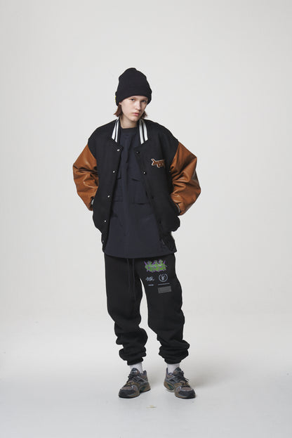 LEATHER SLEEVE STADIUM JACKET / BLACK