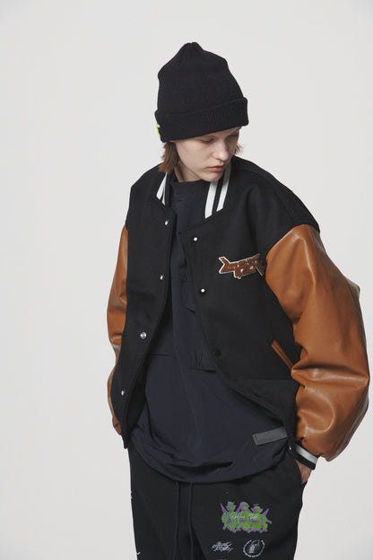 LEATHER SLEEVE STADIUM JACKET / BLACK