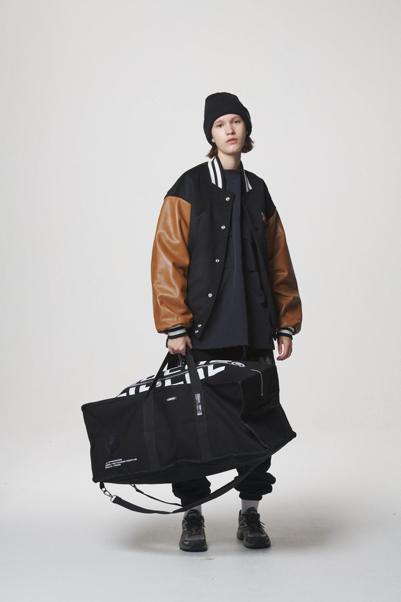 LEATHER SLEEVE STADIUM JACKET / BLACK