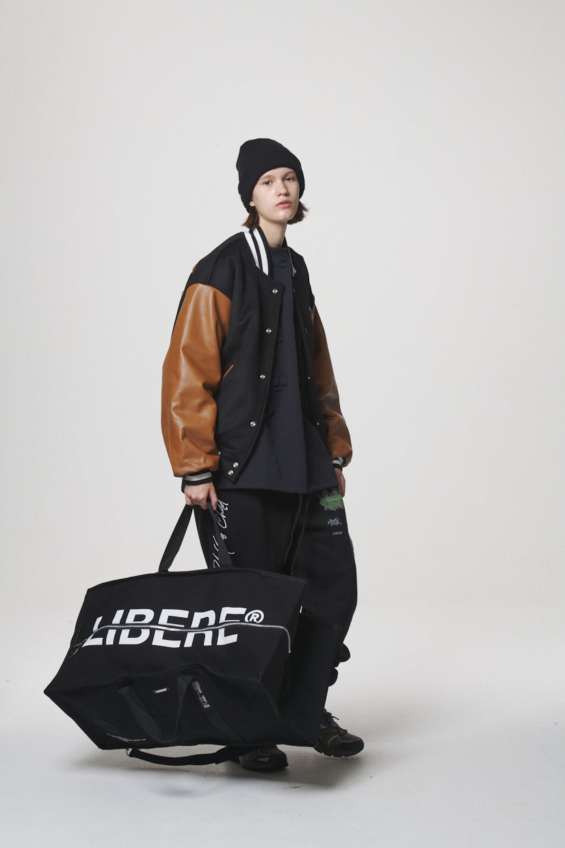 LEATHER SLEEVE STADIUM JACKET / BLACK