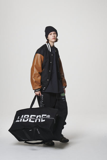 LEATHER SLEEVE STADIUM JACKET / BLACK