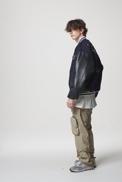 LEATHER SLEEVE STADIUM JACKET / NAVY