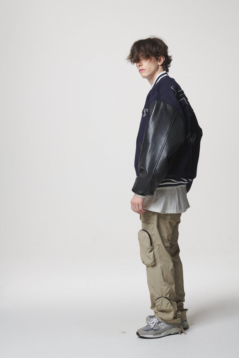 LEATHER SLEEVE STADIUM JACKET / NAVY