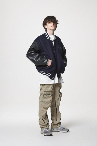 LEATHER SLEEVE STADIUM JACKET / NAVY