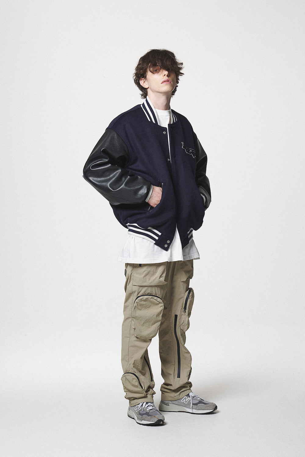 LEATHER SLEEVE STADIUM JACKET / NAVY