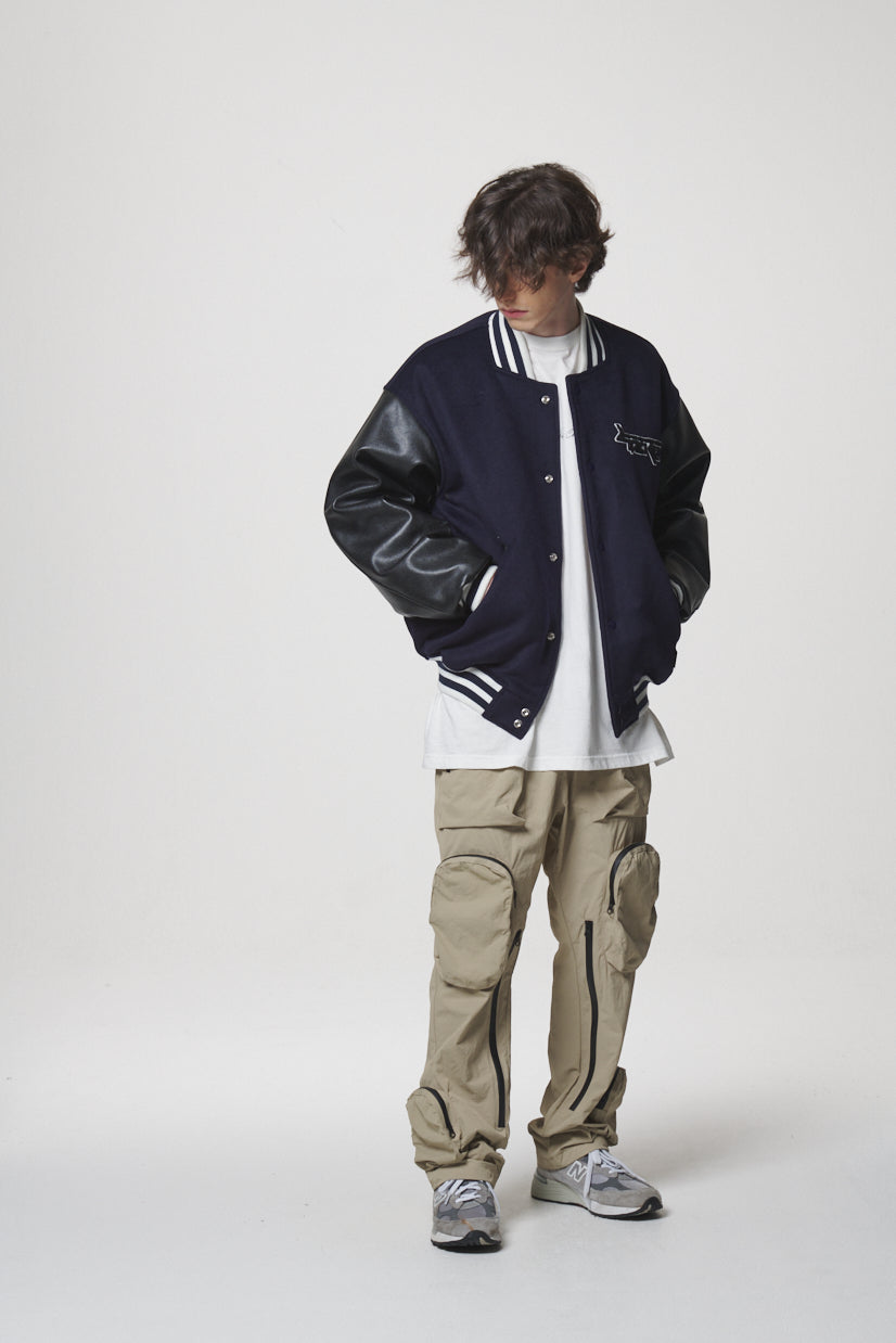 LEATHER SLEEVE STADIUM JACKET / NAVY