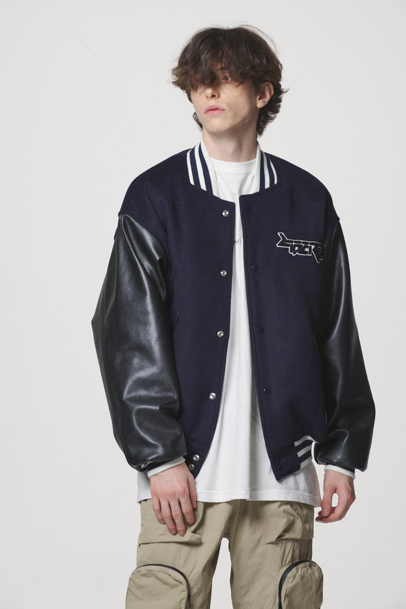 LEATHER SLEEVE STADIUM JACKET / NAVY