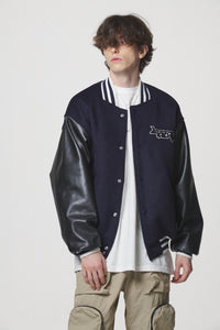 LEATHER SLEEVE STADIUM JACKET / NAVY
