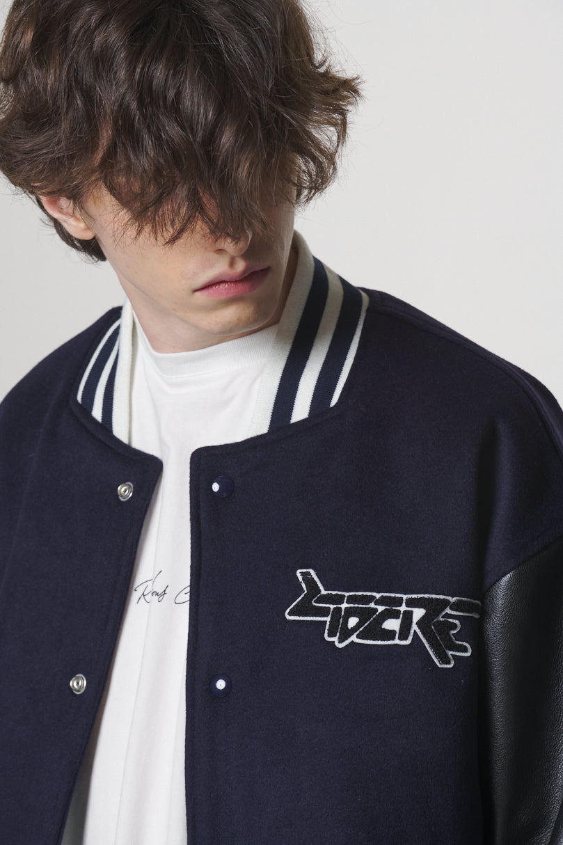 LEATHER SLEEVE STADIUM JACKET / NAVY