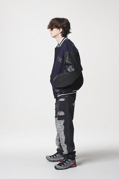 LEATHER SLEEVE STADIUM JACKET / NAVY