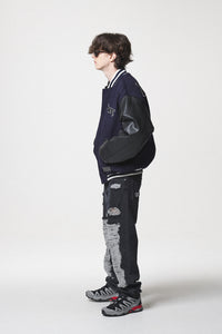 LEATHER SLEEVE STADIUM JACKET / NAVY