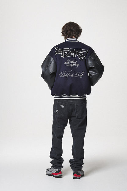 LEATHER SLEEVE STADIUM JACKET / NAVY