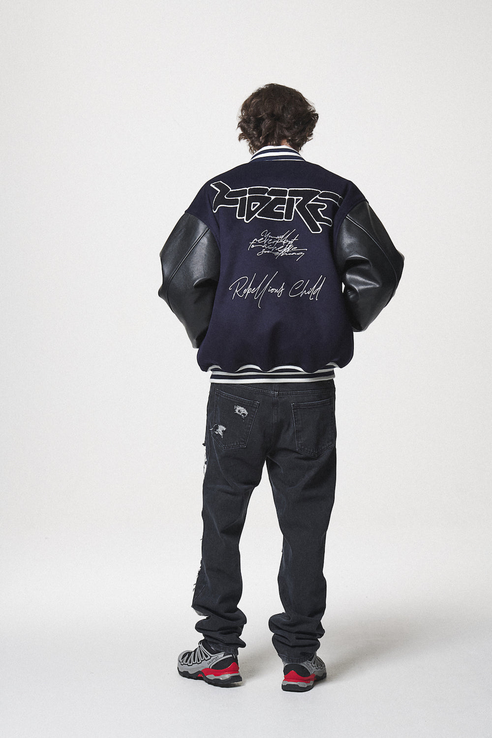 LEATHER SLEEVE STADIUM JACKET / NAVY
