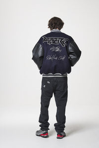 LEATHER SLEEVE STADIUM JACKET / NAVY