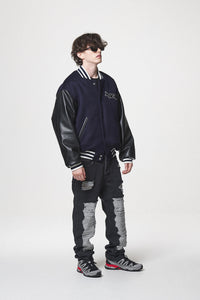 LEATHER SLEEVE STADIUM JACKET / NAVY