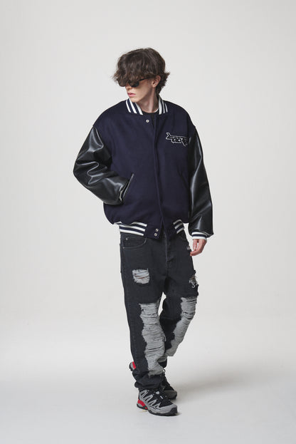 LEATHER SLEEVE STADIUM JACKET / NAVY
