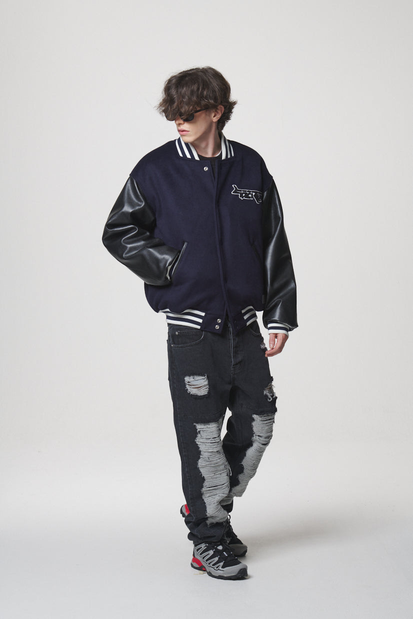 LEATHER SLEEVE STADIUM JACKET / NAVY