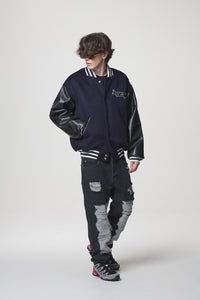 LEATHER SLEEVE STADIUM JACKET / NAVY