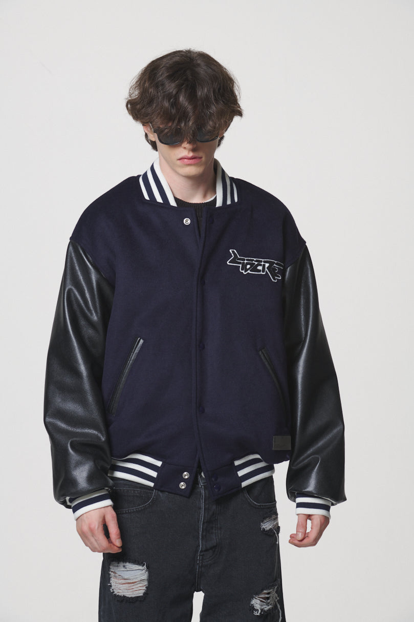 LEATHER SLEEVE STADIUM JACKET / NAVY