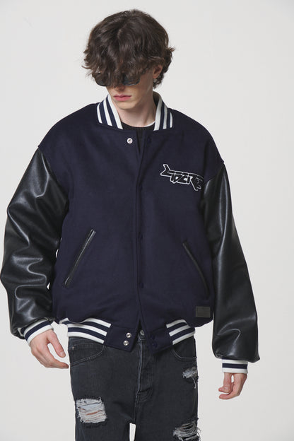 LEATHER SLEEVE STADIUM JACKET / NAVY