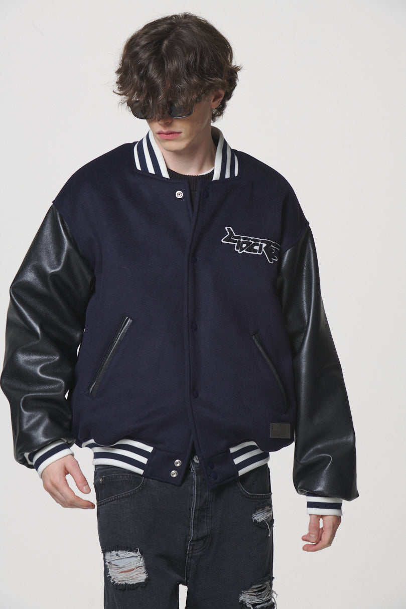 LEATHER SLEEVE STADIUM JACKET / NAVY