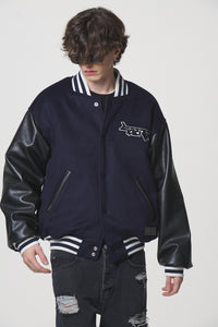 LEATHER SLEEVE STADIUM JACKET / NAVY