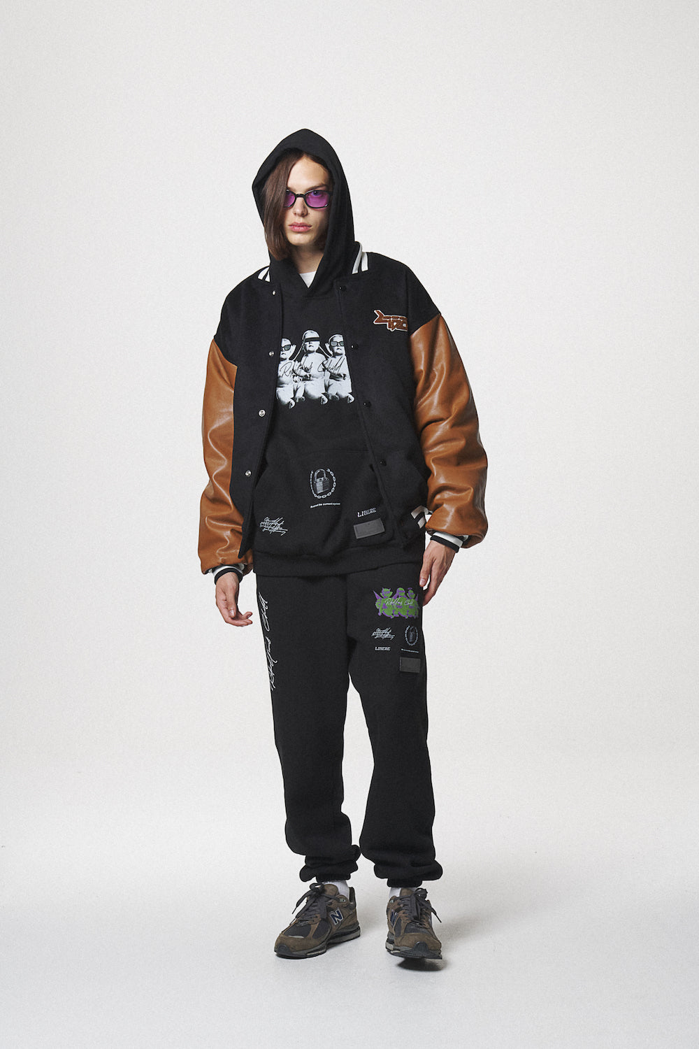 LEATHER SLEEVE STADIUM JACKET / BLACK
