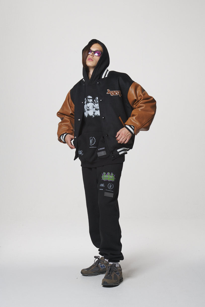 LEATHER SLEEVE STADIUM JACKET / BLACK