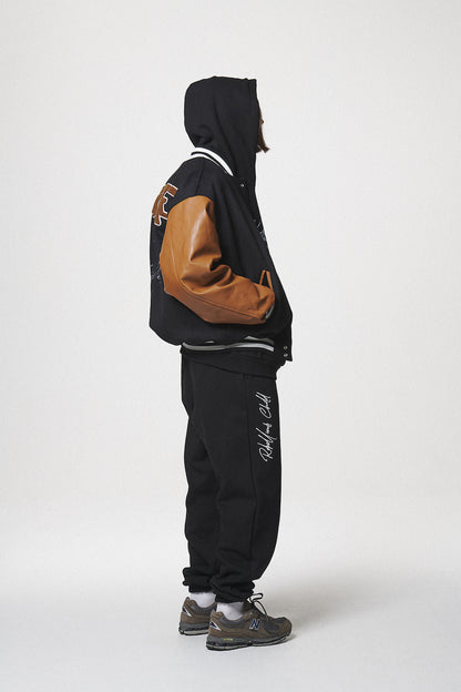 LEATHER SLEEVE STADIUM JACKET / BLACK
