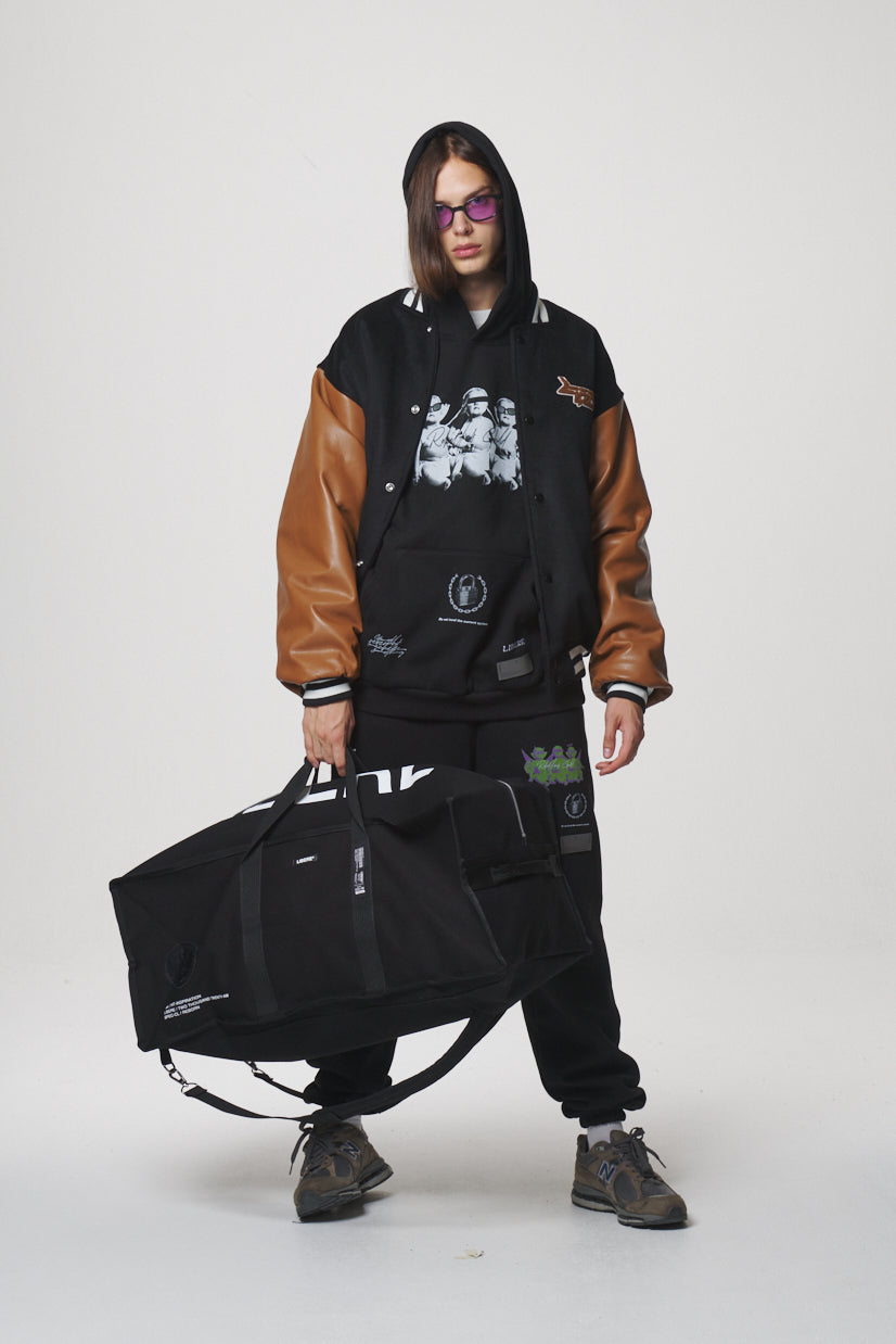 LEATHER SLEEVE STADIUM JACKET / BLACK