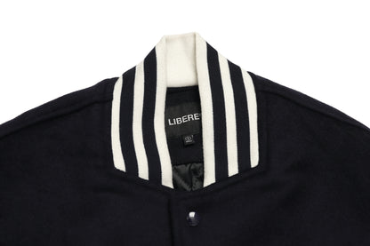LEATHER SLEEVE STADIUM JACKET / NAVY