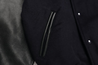 LEATHER SLEEVE STADIUM JACKET / NAVY