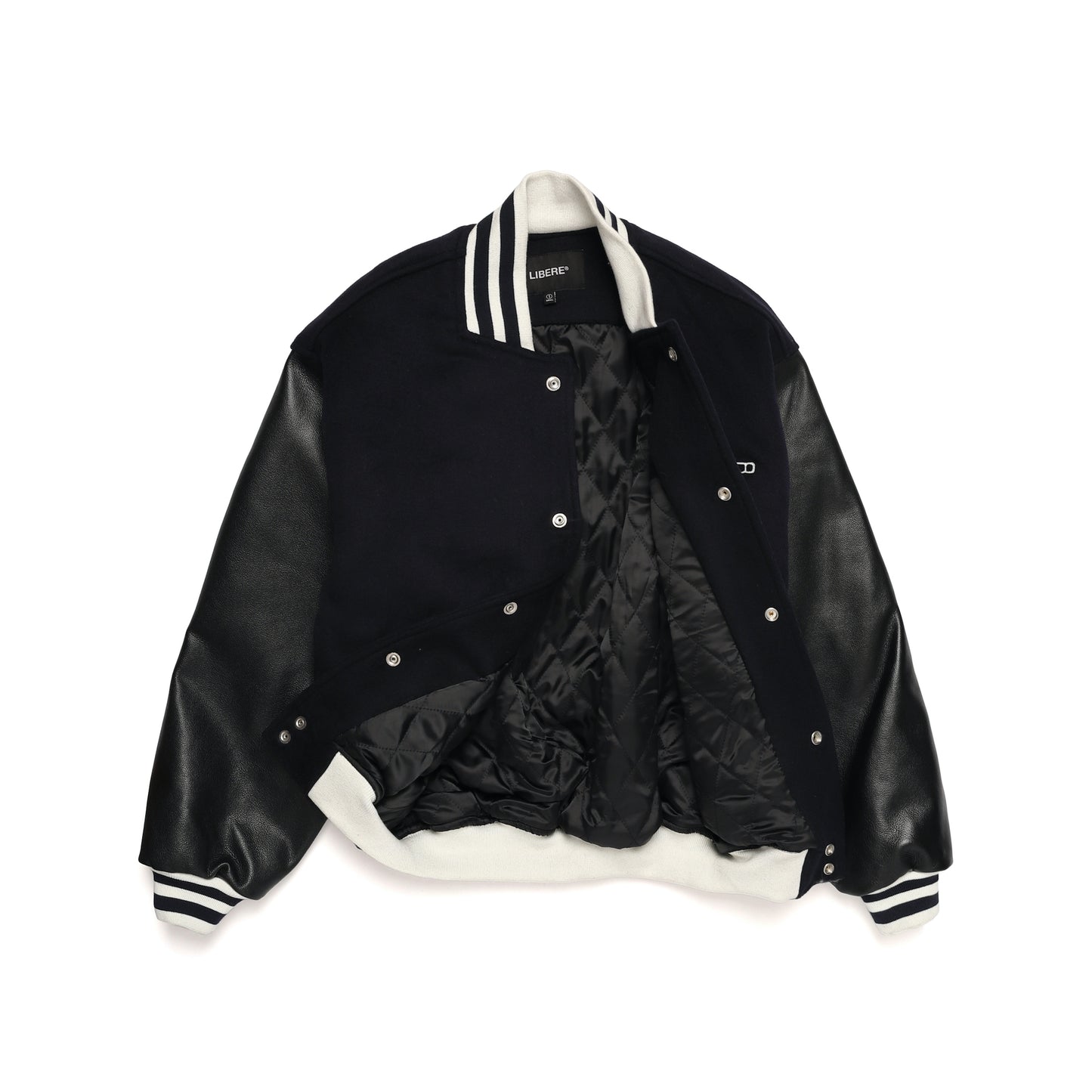 LEATHER SLEEVE STADIUM JACKET / NAVY