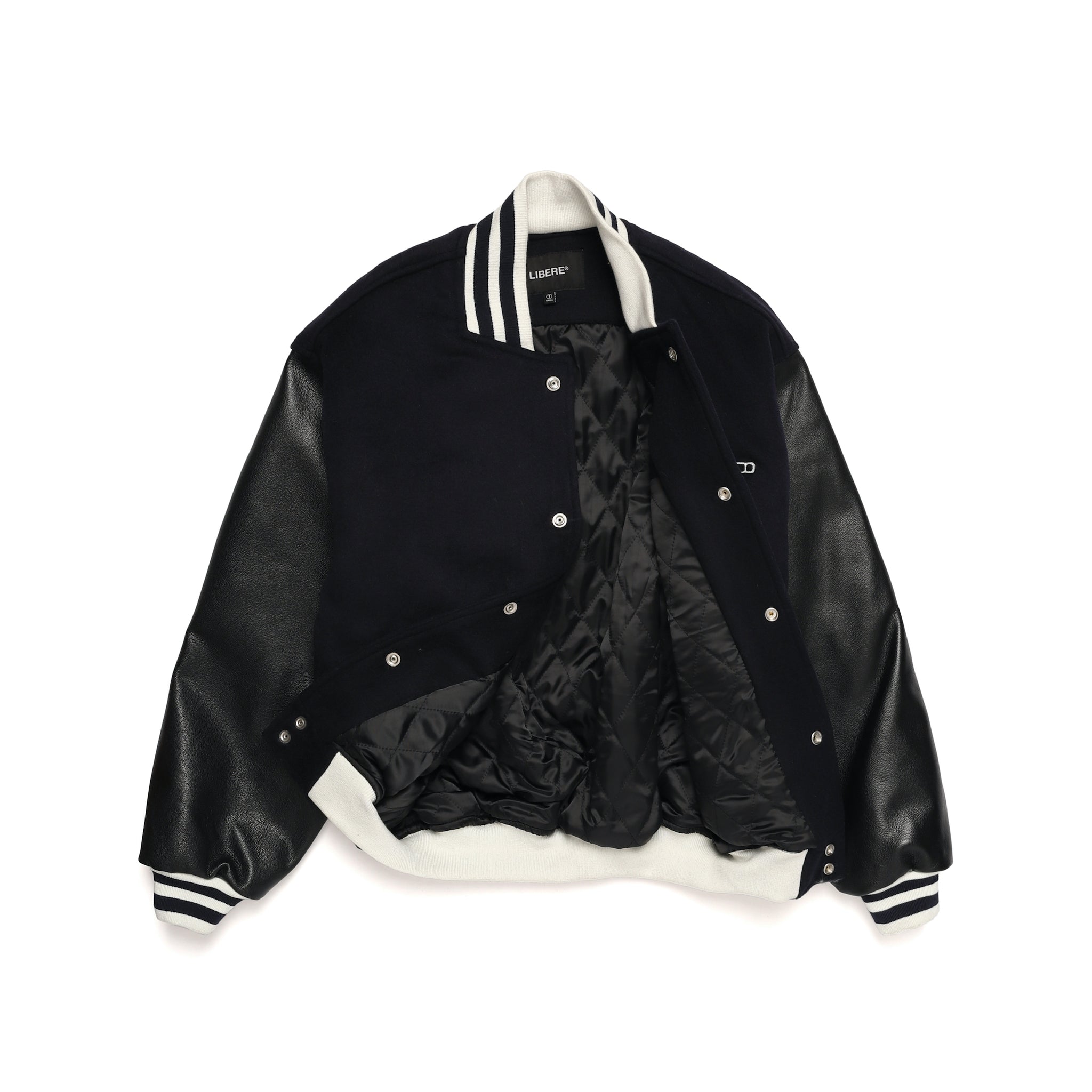 LEATHER SLEEVE STADIUM JACKET / NAVY