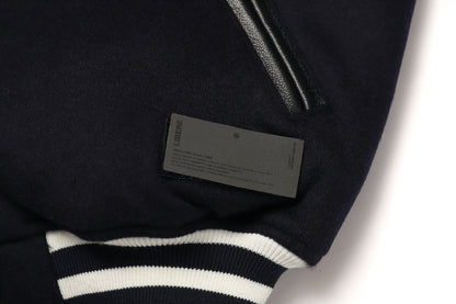 LEATHER SLEEVE STADIUM JACKET / NAVY